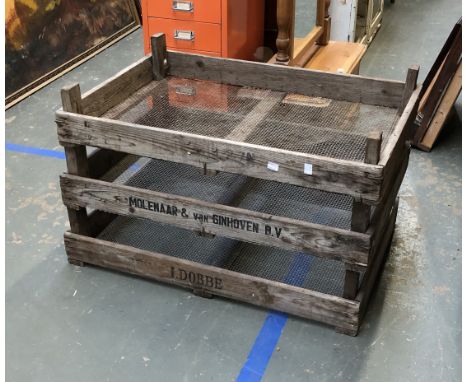 Three vintage crates with wire mesh bases, each 76cmW 