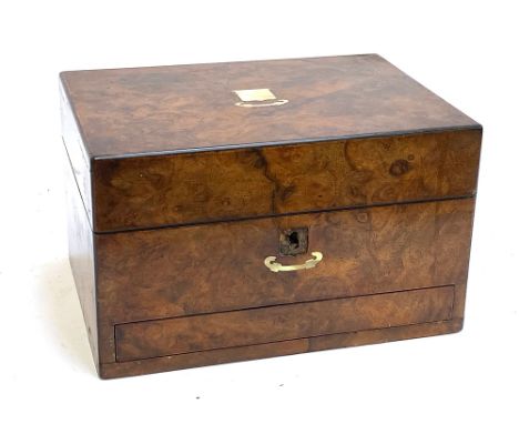 A 19th century burr walnut jewellery box, with mother of pearl inlay (inlay around keyhole missing), the lid opening to a blu