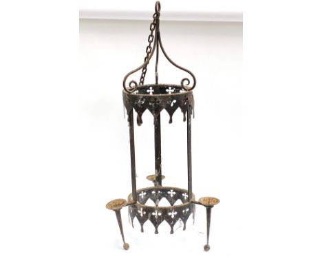 A tall wrought iron hanging lantern, with quatrefoil cutouts, 90cmH 