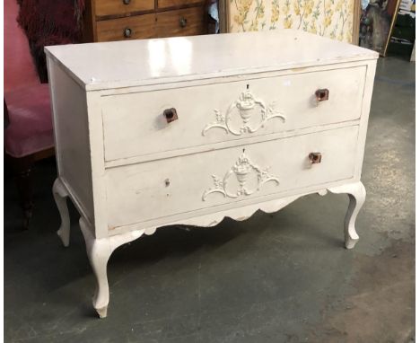 A 20th century two drawer white painted commode chest, the drawers with applied urn mouldings, 100x50x76cmH 