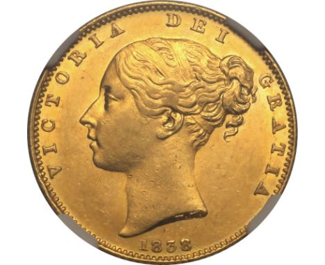 UNITED KINGDOM. Victoria, 1837-1901. Gold sovereign, 1838. London. First young head of Victoria facing left, hair tied in fil