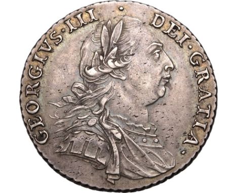 GREAT BRITAIN. George III, 1760-1820. Silver shilling, 1787. London. With Hearts. Older laureate and cuirassed bust of King G