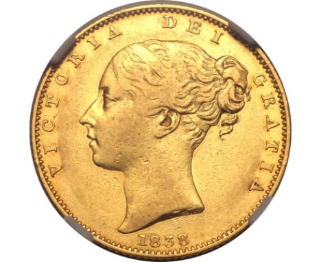 UNITED KINGDOM. Victoria, 1837-1901. Gold sovereign, 1838. London. First young head of Victoria facing left, hair tied in fil
