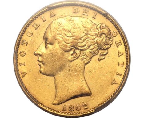 UNITED KINGDOM. Victoria, 1837-1901. Gold sovereign, 1862. London. R over E in BRIT. Second young head of Victoria facing lef