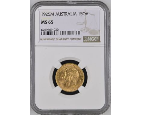 AUSTRALIA. George V, 1910-36. Gold sovereign, 1925 M. Melbourne. Bare head left, B.M. on truncation; GEORGIVS V D. G. BRITT: 