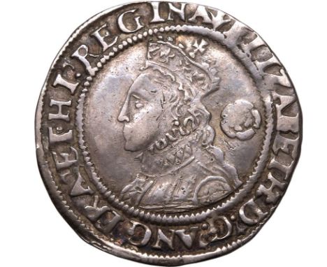 ENGLAND. Elizabeth I, 1558-1603. Silver threepence, 1561. NULL. Pheon. Ornate crowned bust facing left. Rose behind head, let