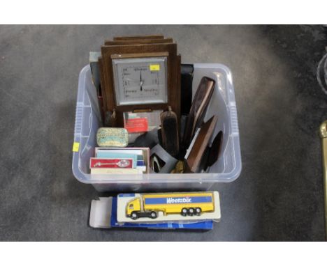 Barometer, spoons, clock, gentleman's travel vanity set, diecast vehicle etc