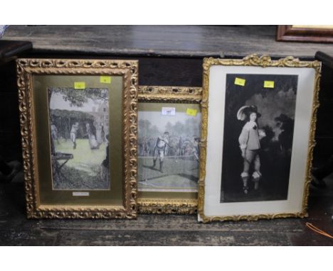 Two sporting prints and portrait print