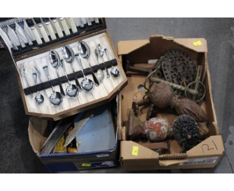 Flat iron, door knocker, trivets and a box of cutlery
