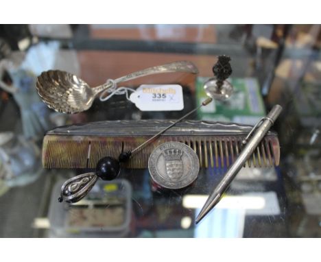 Sifting spoons, silver propelling pencil, hat pin etc