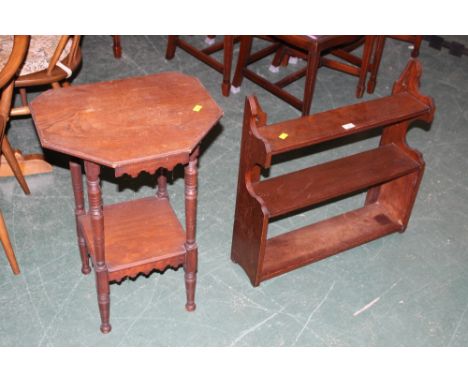 Mahogany three tiered wall hanging shelf unit together with an occasional table