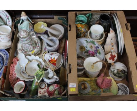 Two boxes of ornaments, Indian Tree plates, vases, decorative bowls, Goebel figure, Wedgwood figure, Carltonware, Harrods Tob