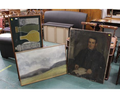 An acrylic on board Cedric Williams 1975, an oil on canvas portrait of a gentleman, and an embroidered bottle picture
