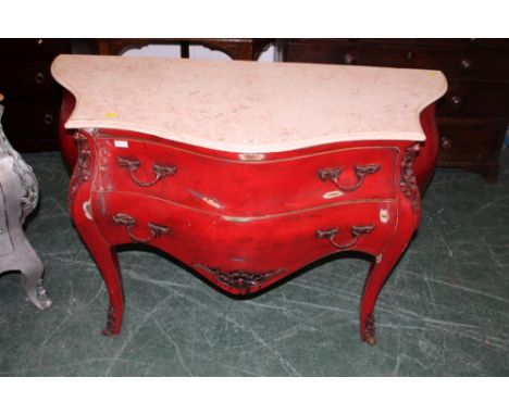 Continental bombe commode chest with marble top and red base with metal handles and embellishments, height 81 cm, width 126 c