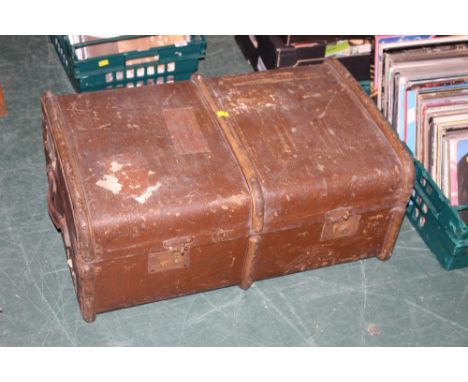Wooden bound trunk with a vintage double blue badminton racket etc
