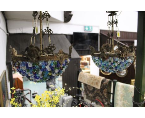Pair of ceiling light fittings with coloured glass bead shades
