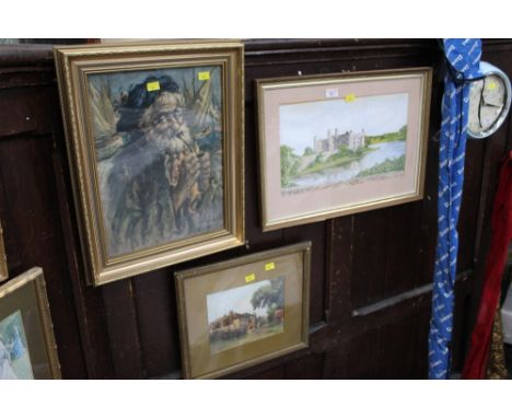 Three pictures, portrait of a man smoking a pipe, watercolour of a castle and watercolour an inn