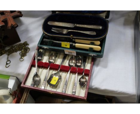 Collection of cased cutlery, silver knife and fork etc