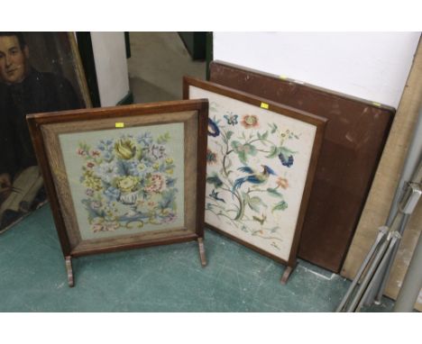A card table and two embroidered fire screens