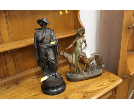 Metal figurine of Rubens, height 44 cm, Deco style figurine of a lady and two dogs,