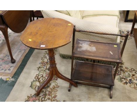An oak rectangular two tiered cake stand and a tripod table