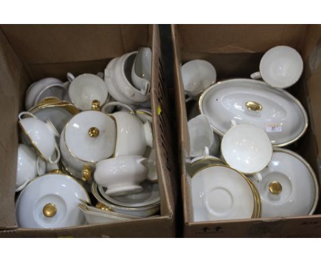 Two boxes of white china with gilded edges, mixture of Worcester, Wedgwood and others.