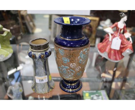 Doulton Lambeth vase with silver collar and a Doulton Lambeth vase with blue ground and gilt decoration