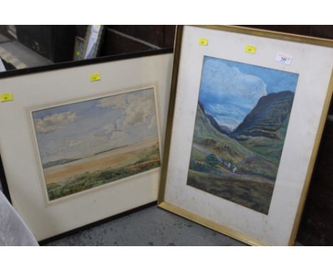 Two watercolours, landscape and seascape