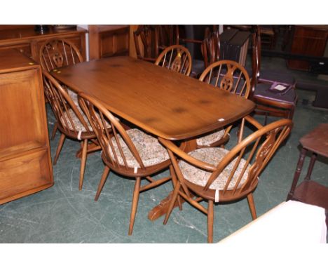 Ercol rectangular dining table with 6 chairs (2 carvers, 4 singles)