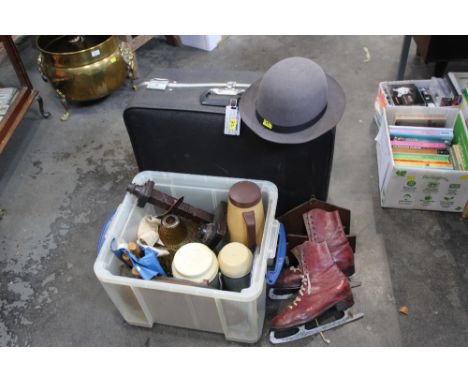 Suitcase, tub of flasks, lamp shade, skates, pictures and hat with its original box