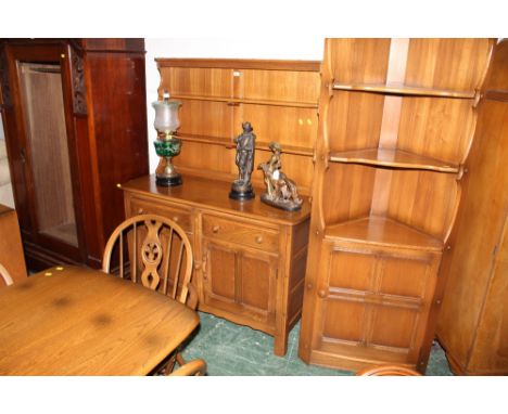 Ercol dresser with Delft rack, two drawers and two cupboards, height 161 cm, width 123 cm, depth 47 cm