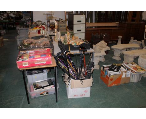Box of light fitting, sticks, fishing rod etc