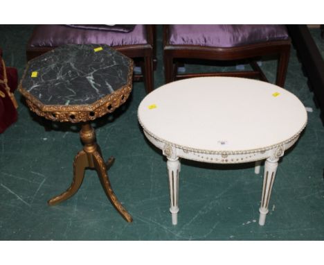 Gilt and marble effect tripod occasional table together with a white oval occasional table
