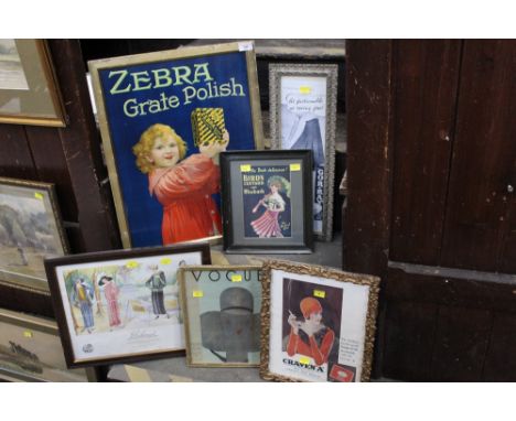 Collection of original framed adverts, Zebra Grate Polish, Craven A Cigarettes, Lashwood Gown House, Vogue, Bird's Custard an