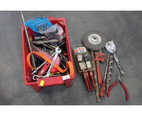 Small box of tools, grinding disks, paint brushes, screw drivers, spanners etc