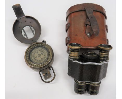 WW1 Pattern Officer's Binoculars and 1941 Compasssmall field binoculars.  Blackened brass eye pieces and central adjustment d