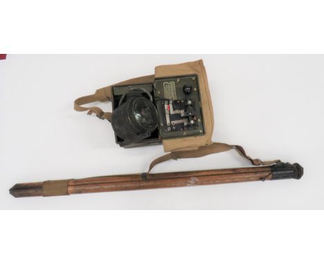 WW2 British Army Daylight Signalling Lamp and Tripodpressed steel, khaki painted, transit box with khaki canvas covered, doub