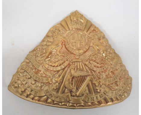 Fifth Royal Irish Lancers Helmet Platebrass, Victorian crown royal coat of arms over Irish harp and battle honour scrolls wit