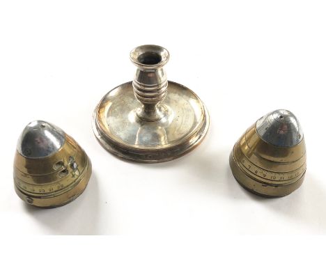 WW1 Trench Art Candlestick and Fuse Caps. Comprising: a candlestick made from the base of a 1917 4.5 inch shell. Now with nic