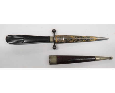 Early 19th Century Gambler's Stiletto Knife5 inch, double edged blade with etched and gilt foliage panels and sunburst.  The 