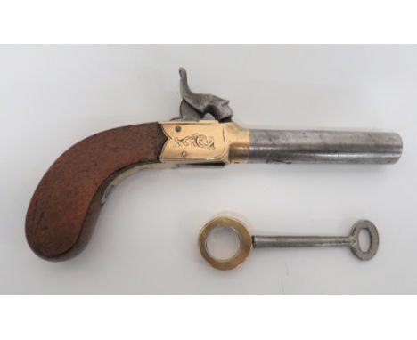 Large Size Mid 19th Century Percussion Pocket Pistol50 bore, 3 1/4 inch, turn off, steel barrel.  Lower proof stamp.  Brass, 