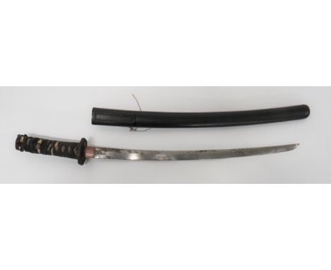 Unsigned Japanese Wakizashi Short Sword 19 inch, single edged blade with various edge knocks. &nbsp;Copper habaki. &nbsp;Stee