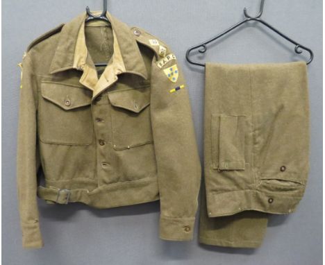 1940 Pattern RAPC Battledress Jacket and Trouserskhaki woollen, single breasted, pressed open collar, short jacket.  Patch ch