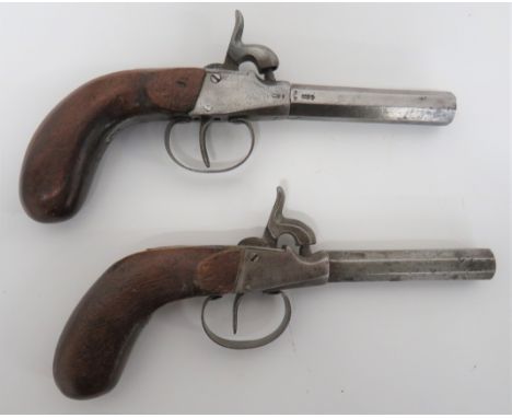 Pair of 19th Century Continental Trade Pocket Pistols80 bore, 3 inch, octagonal barrels with continental proof stamps.  Flat 