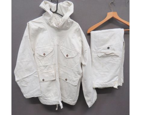 WW2 British Army Camouflaged Snow Smock and Trouserswhite, pull over smock with hood.  Pleated chest pockets and lower patch 