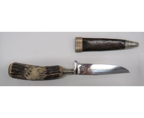 Early 20th Century German Antler Grip Knife 4 1/2 inch, single edged blade with built in crossguard ferrule.  Blade with make