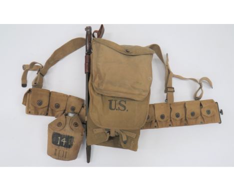 American Part Set Of WW1 Equipment and Bayonetconsisting khaki, triple section ammunition belt ... Waterbottle complete in ca