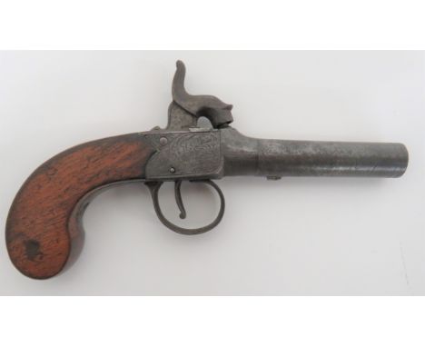 Mid 19th Century Percussion Pocket Pistol by “D Egg London”  2 1/2 inch, turn off barrel. Flat side body with foliage engravi