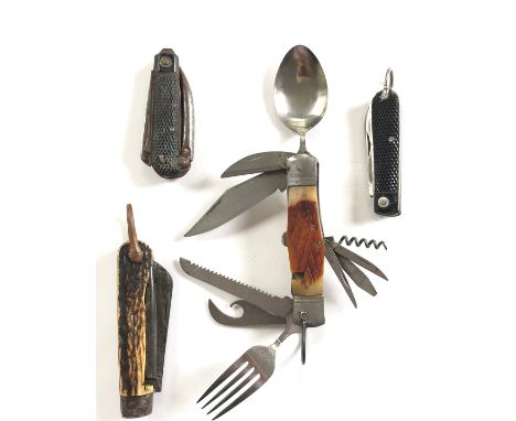 Multi Tool Penknife and Others. An example of a multi tool bladed penknife including fork, spoon, saw, corkscrew, screwdriver
