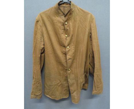 Scarce Pre War British Overall Working Jacketbrown cotton, single breasted, short stand collar jacket.  Lower open top patch 
